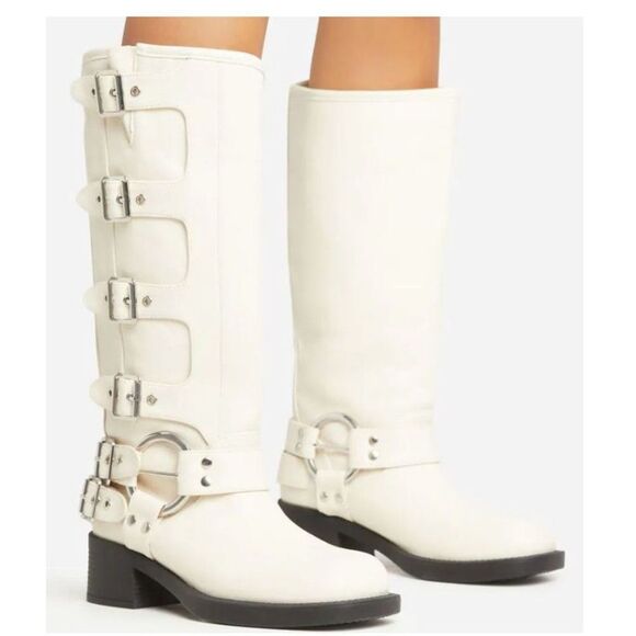 CREAM WHITE MOTO COMBAT BIKER BUCKLE BOOTIES - Picture 1 of 6